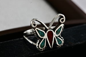 Native American Silver Turquoise & Red Coral Chip Inlay Butterfly Handmade Ring Size 6.5