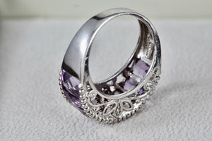 Sterling Silver Large Purple Amethysts Row Emerald Cut Filigree Dome Ring Size 9