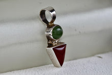 Load image into Gallery viewer, Sterling Silver Small Oval Green Peridot &amp; Red Coral Triangle Handmade Pendant Signed CRS
