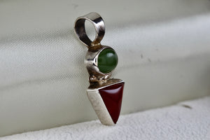 Sterling Silver Small Oval Green Peridot & Red Coral Triangle Handmade Pendant Signed CRS