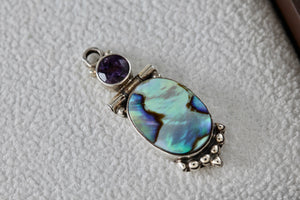 Sterling Silver Purple Amethyst Hinge Large Oval Abalone Shell Handmade Pendant