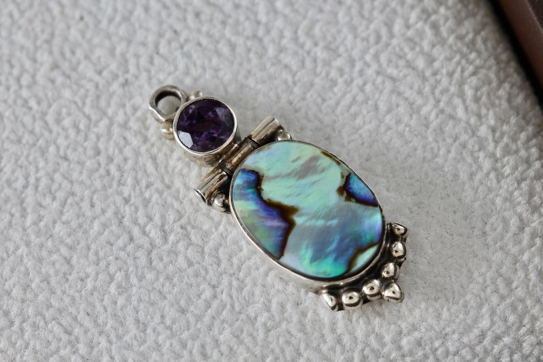 Sterling Silver Purple Amethyst Hinge Large Oval Abalone Shell Handmade Pendant