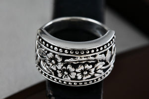 Sterling Silver Floral Filigree Flowers Wide Band Ring Size 7.5