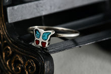 Load image into Gallery viewer, Native American Silver Red Coral &amp; Blue Turquoise Chip Inlay Butterfly Mini Ring Size 5.5
