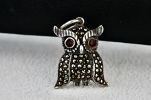 Load image into Gallery viewer, Sterling Silver Ruby Eyes Rhinestone Owl Charm Pendant Vintage
