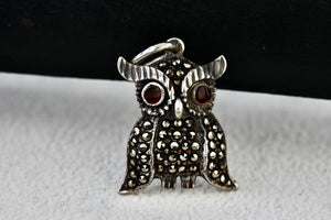 Sterling Silver Ruby Eyes Rhinestone Owl Charm Pendant Vintage