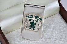 Load image into Gallery viewer, Silver MEXICO Green Malachite Chip Inlay Mayan Warrior Two-Faced Money-clip
