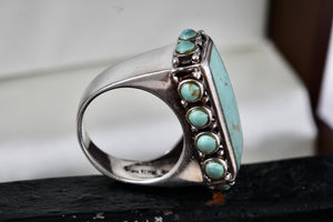 Native American Silver Large Rectangle Turquoise Bead Statement Signed Ring Size 6