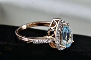 Vermeil Sterling Silver Teardrop Aquamarine CZ Diamonds Ring Size 7 Signed