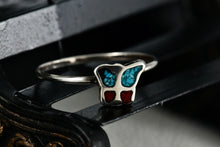 Load image into Gallery viewer, Native American Silver Red Coral &amp; Blue Turquoise Chip Inlay Butterfly Mini Ring Size 5.5
