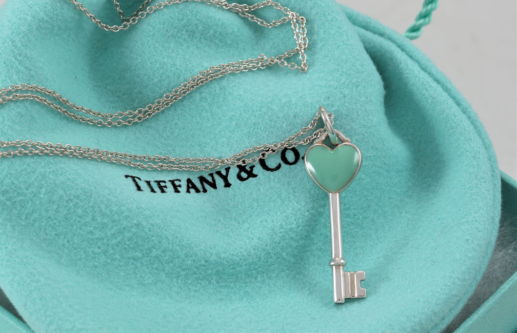 Tiffany & Co. Silver Blue Enamel Small Heart Key Charm Pendant Necklace