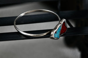 Native American Silver Red Coral & Blue Turquoise Chip Inlay Double Heart Mini Ring Size 5