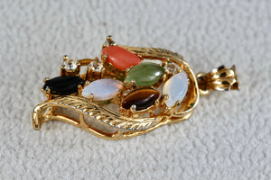 Gold Tone Multi-Gemstone Leaf Charm Pendant