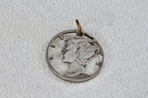 Handmade 1940's Silver American Mercury Dime 10 Cents Detailed Carved Pendant