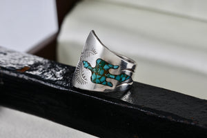 Native American Silver Turquoise Chip Inlay Thunderbird Spoon Ring Size 5