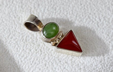 Load image into Gallery viewer, Sterling Silver Small Oval Green Peridot &amp; Red Coral Triangle Handmade Pendant Signed CRS
