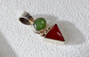 Sterling Silver Small Oval Green Peridot & Red Coral Triangle Handmade Pendant Signed CRS