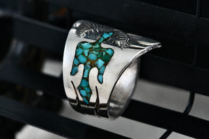 Native American Silver Turquoise Chip Inlay Thunderbird Spoon Ring Size 5