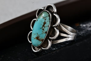 Sterling Silver Native American Long Turquoise Oval Handmade Ring Size 6.5