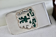 Load image into Gallery viewer, Silver MEXICO Green Malachite Chip Inlay Mayan Warrior Two-Faced Money-clip
