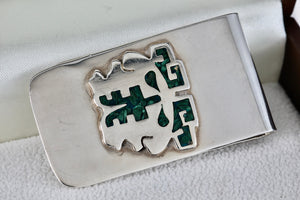 Silver MEXICO Green Malachite Chip Inlay Mayan Warrior Two-Faced Money-clip