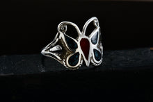 Load image into Gallery viewer, Native American Silver Handmade Butterly Red Coral &amp; Turquoise Chip Inlay Ring Sz. 6
