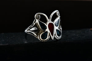 Native American Silver Handmade Butterly Red Coral & Turquoise Chip Inlay Ring Sz. 6