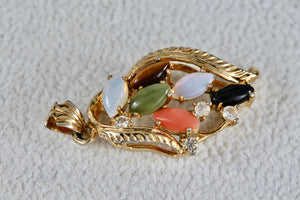 Gold Tone Multi-Gemstone Leaf Charm Pendant