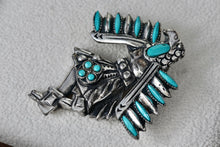 Load image into Gallery viewer, Sancrest Silver Dancing Native American Eagle Indian Warrior Faux Turquoise Bolo Tie
