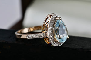 Vermeil Sterling Silver Teardrop Aquamarine CZ Diamonds Ring Size 7 Signed