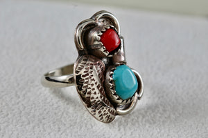 Sterling Silver Native American Turquoise & Red Coral Owl Handmade Ring Size 5