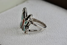 Load image into Gallery viewer, Native American Silver Turquoise &amp; Red Coral Chip Inlay Butterfly Handmade Ring Size 6.5
