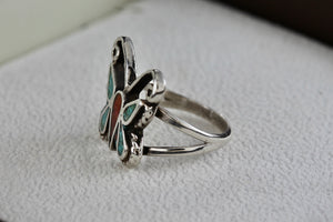 Native American Silver Turquoise & Red Coral Chip Inlay Butterfly Handmade Ring Size 6.5