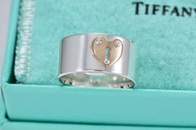 Load image into Gallery viewer, Tiffany &amp; Co. 18K Rose Gold &amp; Silver Heart Locks Keyhole Wide Band Ring Sz 6
