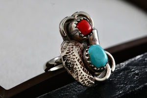 Sterling Silver Native American Turquoise & Red Coral Owl Handmade Ring Size 5