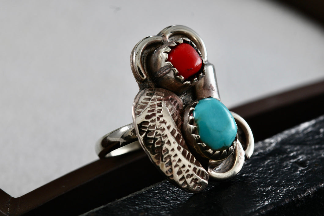 Sterling Silver Native American Turquoise & Red Coral Owl Handmade Ring Size 5