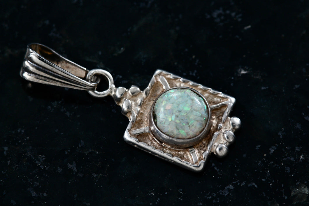 Sterling Silver Opal Bead Square Charm Pendant