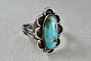 Sterling Silver Native American Long Turquoise Oval Handmade Ring Size 6.5