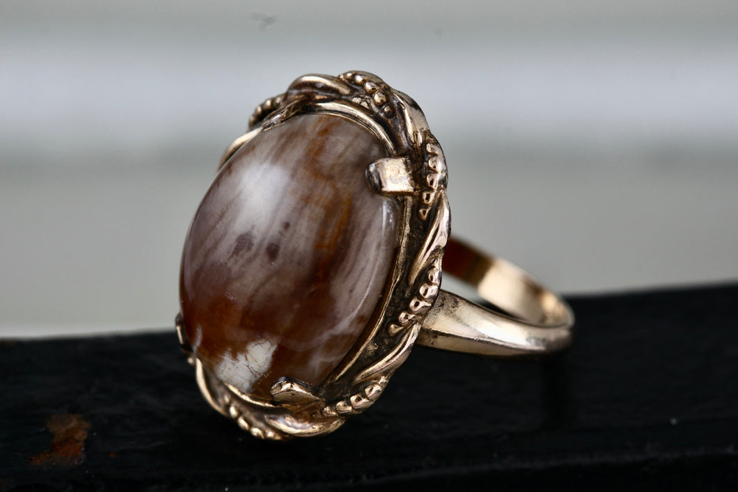 Vintage Handmade Sterling Silver 10KT. Gold Filled Oval Brown Agate Ring Size 7.5