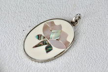 Load image into Gallery viewer, ALPACA Mexico Silver Rose Flower Abalone Inlay Handmade Oval Pendant
