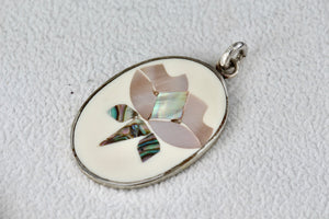 ALPACA Mexico Silver Rose Flower Abalone Inlay Handmade Oval Pendant