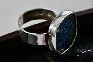 Sterling Silver Handmade Square Cracked Blue Glass Ring Size 7 Signed SR