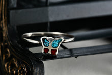 Load image into Gallery viewer, Native American Silver Red Coral &amp; Blue Turquoise Chip Inlay Butterfly Mini Ring Size 5.5
