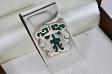 Load image into Gallery viewer, Silver MEXICO Green Malachite Chip Inlay Mayan Warrior Two-Faced Money-clip
