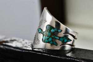 Native American Silver Turquoise Chip Inlay Thunderbird Spoon Ring Size 5