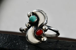 Native American Silver Red Coral & Turquoise Bead Semi Moons Handmade Ring Size 5