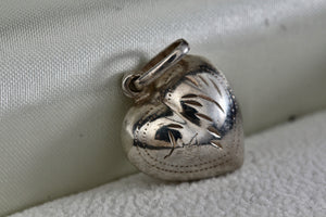 Sterling Silver Etched Carving Puffy Floating Heart Charm Pendant Signed