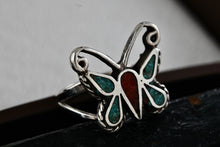 Load image into Gallery viewer, Native American Silver Turquoise &amp; Red Coral Chip Inlay Butterfly Handmade Ring Size 6.5
