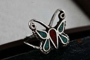 Native American Silver Turquoise & Red Coral Chip Inlay Butterfly Handmade Ring Size 6.5