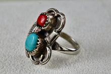 Load image into Gallery viewer, Sterling Silver Native American Turquoise &amp; Red Coral Owl Handmade Ring Size 5
